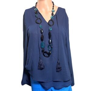 New York & Company Navy Top with Statement Necklace